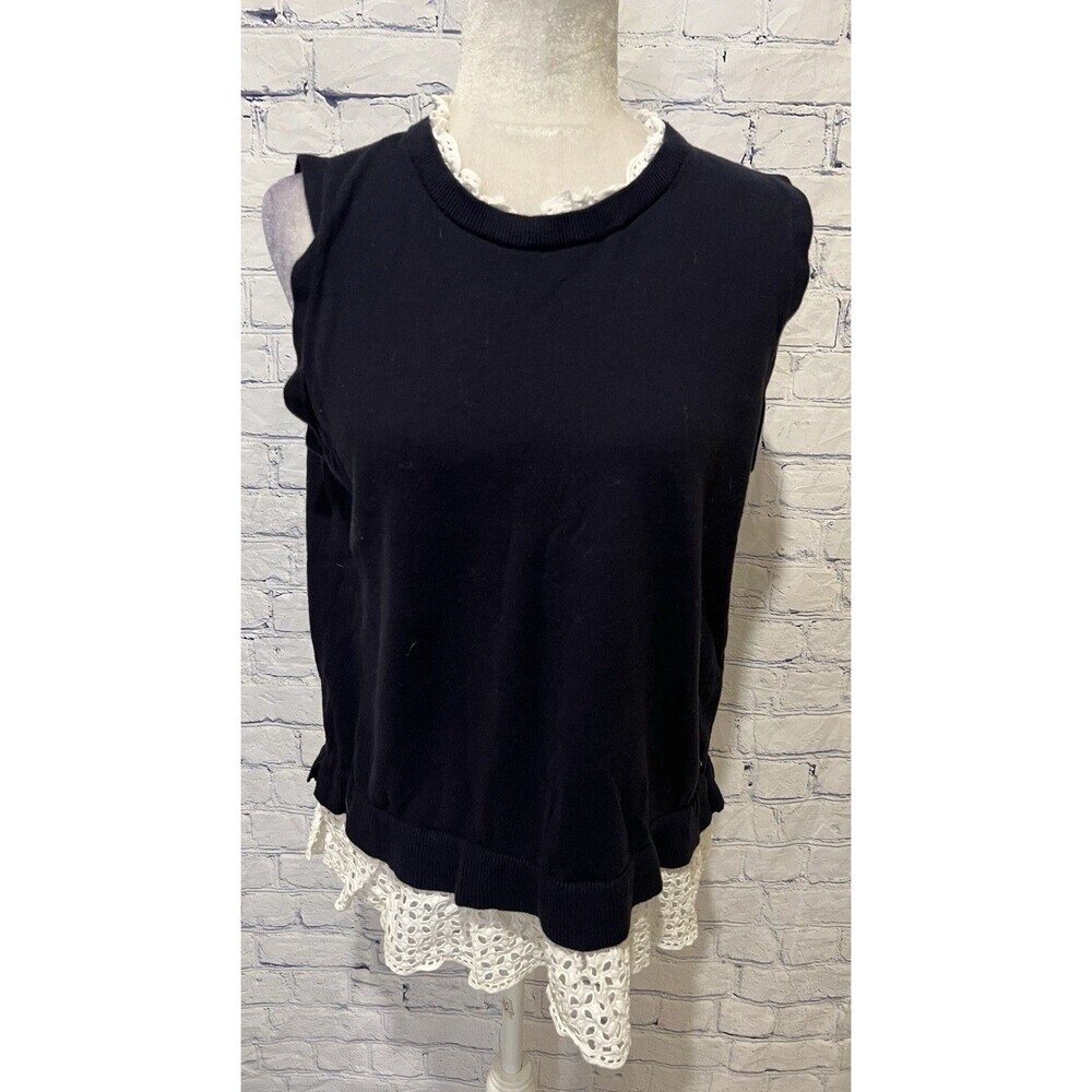 Ann Taylor Loft Sleeveless Sweater Vest Lace Eyelet Trim Navy Blue White Large